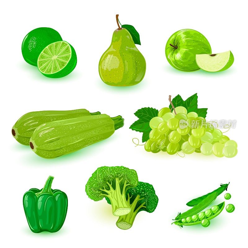 Set with green ripe fruits: apple, bunch of grapes, pear, lime, bell pepper, broccoli, peas